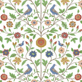 Bird Toile peel and stick wallpaper with colorful birds and floral vines on a white background