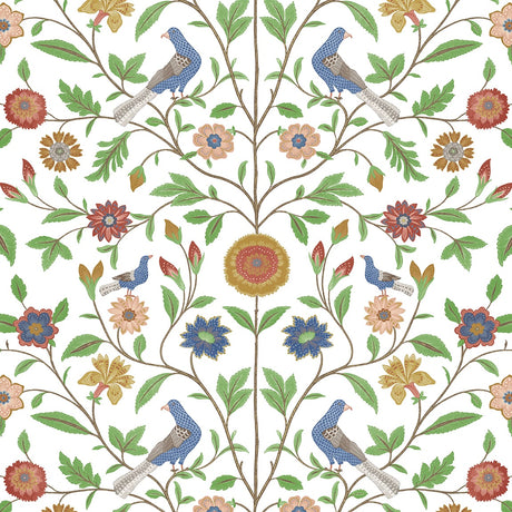 Bird Toile peel and stick wallpaper with colorful birds and floral vines on a white background