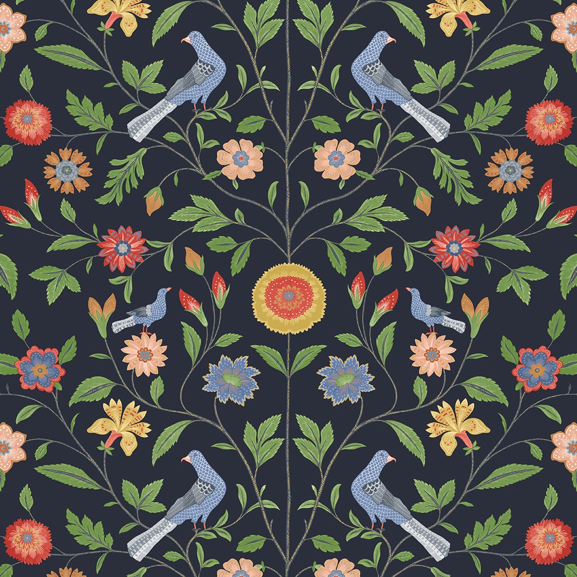 Bird Toile peel and stick wallpaper in midnight blue with birds and floral vines