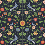 Bird Toile peel and stick wallpaper in midnight blue with birds and floral vines