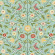 Bird Toile peel and stick wallpaper in aquamarine with floral vines and birds