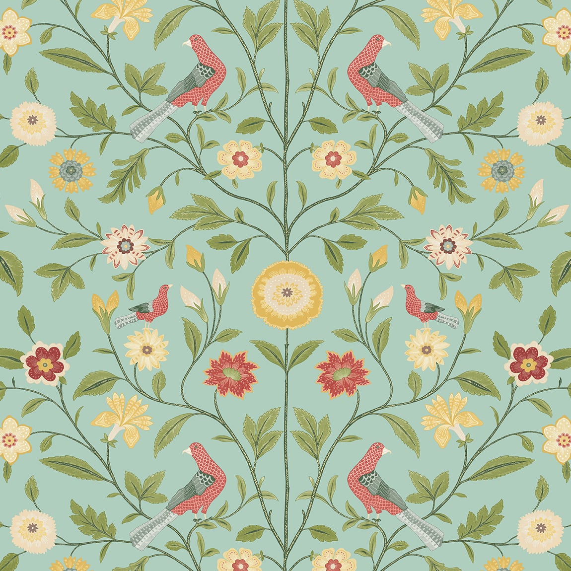 Bird Toile peel and stick wallpaper in aquamarine with floral vines and birds