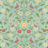 Bird Toile peel and stick wallpaper in aquamarine with floral vines and birds