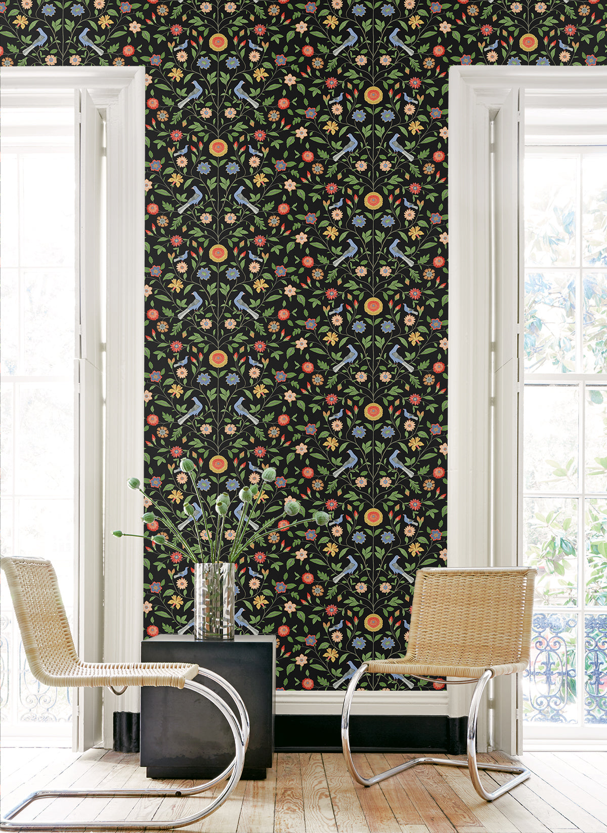 Bird Toile Onyx by NextWall Peel & Stick Bird & Floral Toile Peel & Stick Wallpaper – NextWall NW45910