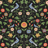 Onyx black bird and floral toile peel and stick wallpaper pattern
