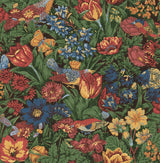 Bird Floral peel and stick wallpaper with multicolor flowers and birds over dense green foliage.