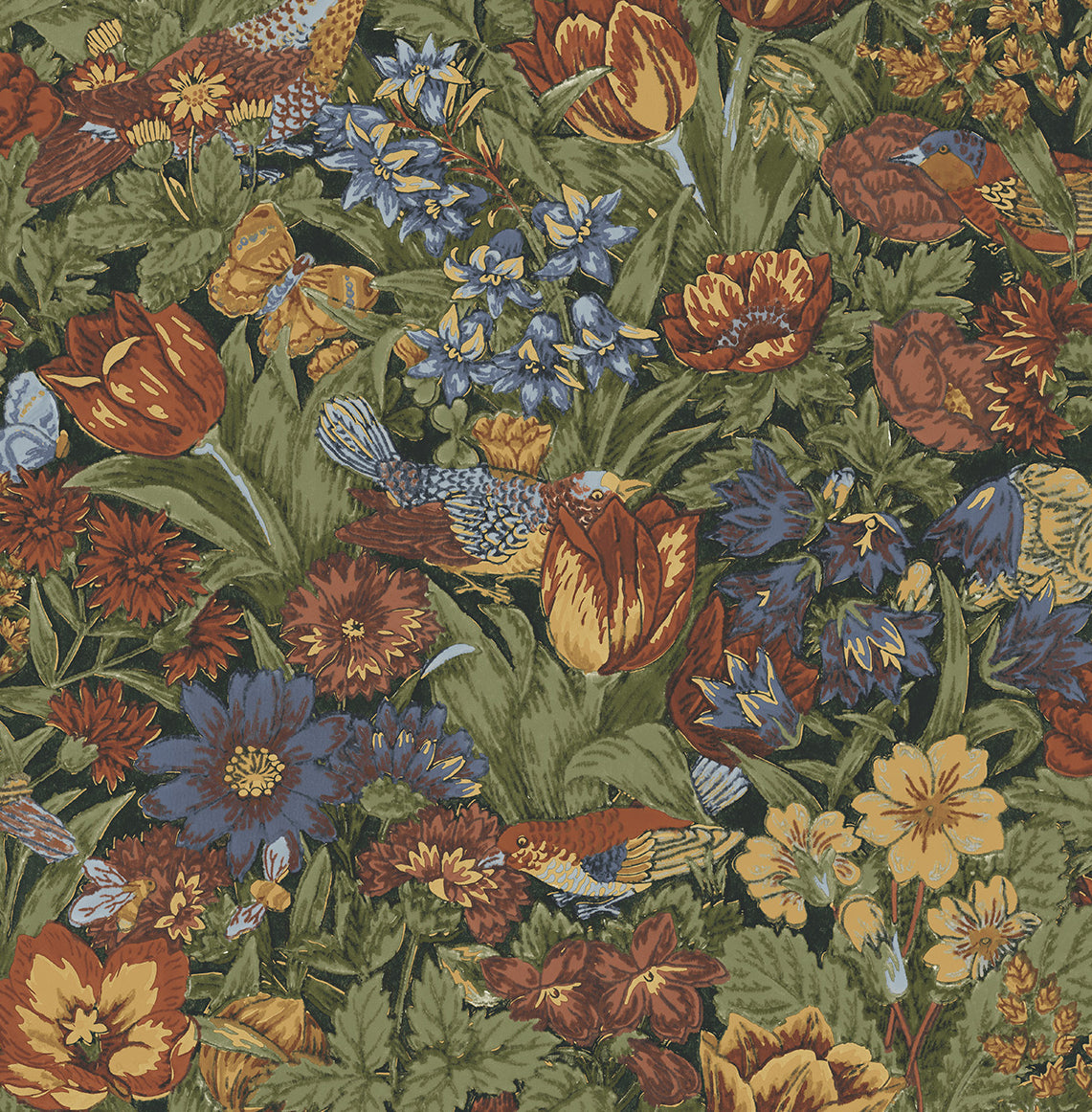 Bird Floral peel and stick wallpaper pattern with birds and florals in russet, blue, and green.