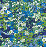 Floral Meadow peel and stick wallpaper in bright blue and sap green with dense meadow flowers and greenery