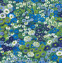 Floral Meadow peel and stick wallpaper in bright blue and sap green with dense meadow flowers and greenery