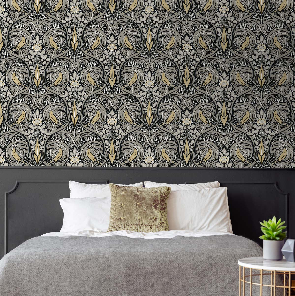 Bird Ogee Ebony & Sepia by NextWall Peel & Stick Vintage Bird Ogee Peel & Stick Wallpaper – NextWall NW46200