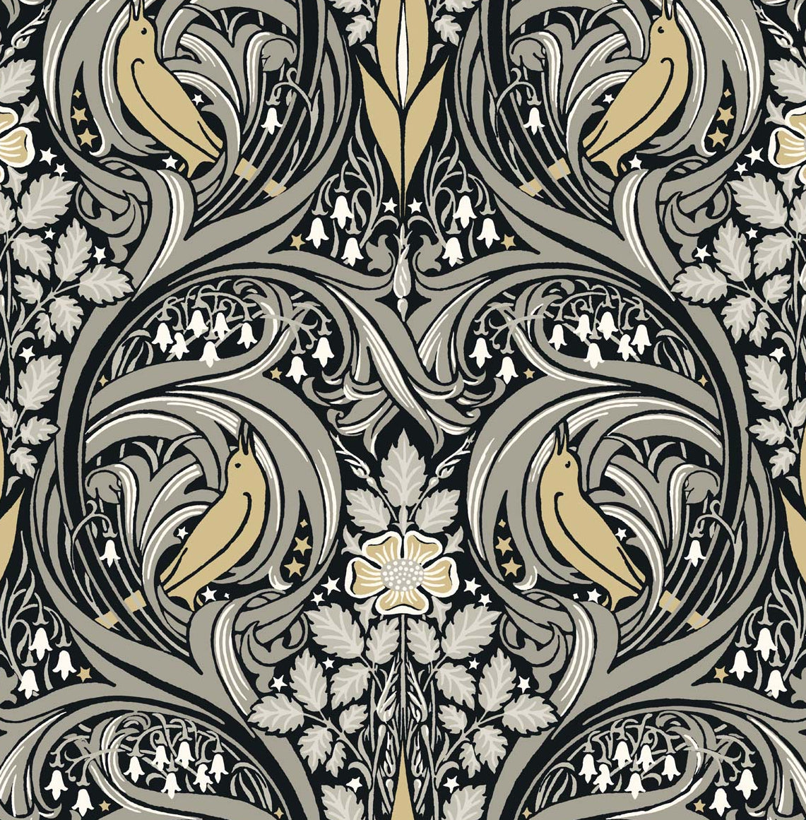 Vintage Bird Ogee peel and stick wallpaper in ebony, sepia, and grey with stylized birds and scrolling botanical motifs.