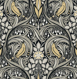 Vintage Bird Ogee peel and stick wallpaper in ebony, sepia, and grey with stylized birds and scrolling botanical motifs.