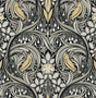 Vintage Bird Ogee peel and stick wallpaper in ebony, sepia, and grey with stylized birds and scrolling botanical motifs.