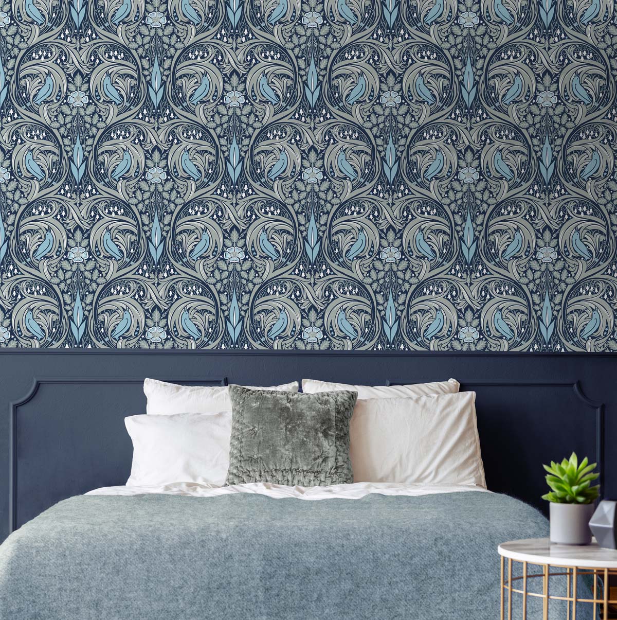 Bird Ogee Navy & Sky Blue by NextWall Peel & Stick Vintage Peel & Stick Wallpaper – NextWall NW46202