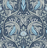 Bird Ogee peel and stick wallpaper in navy and sky blue with vintage ogee birds and florals