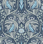 Bird Ogee peel and stick wallpaper in navy and sky blue with vintage ogee birds and florals