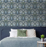 Bird Ogee Navy and Fern Green by NextWall Peel & Stick Vintage Bird Ogee Wallpaper – NextWall NW46204