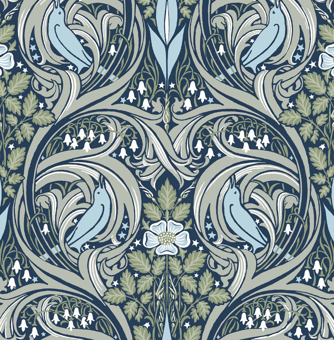 Bird Ogee peel and stick wallpaper in navy and fern green by NextWall (NW46204)