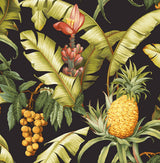 Ebony black tropical botanical peel and stick wallpaper with pineapples and lush green leaves