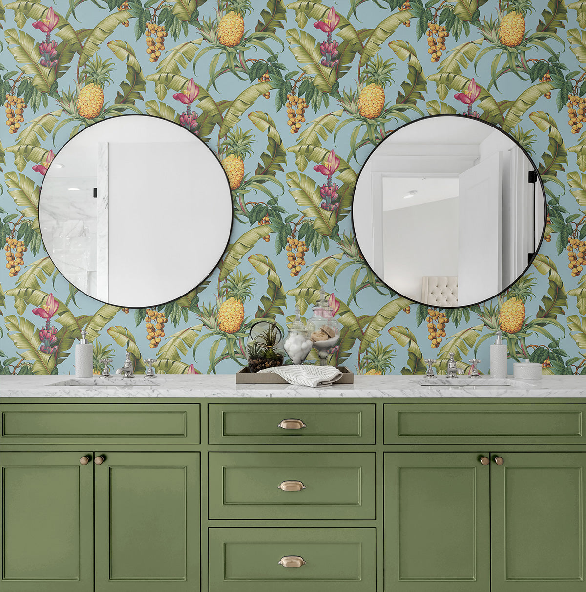 Pineapple Floral Sky Blue by NextWall Peel & Stick Tropical Botanical Peel & Stick Wallpaper – NextWall NW46302