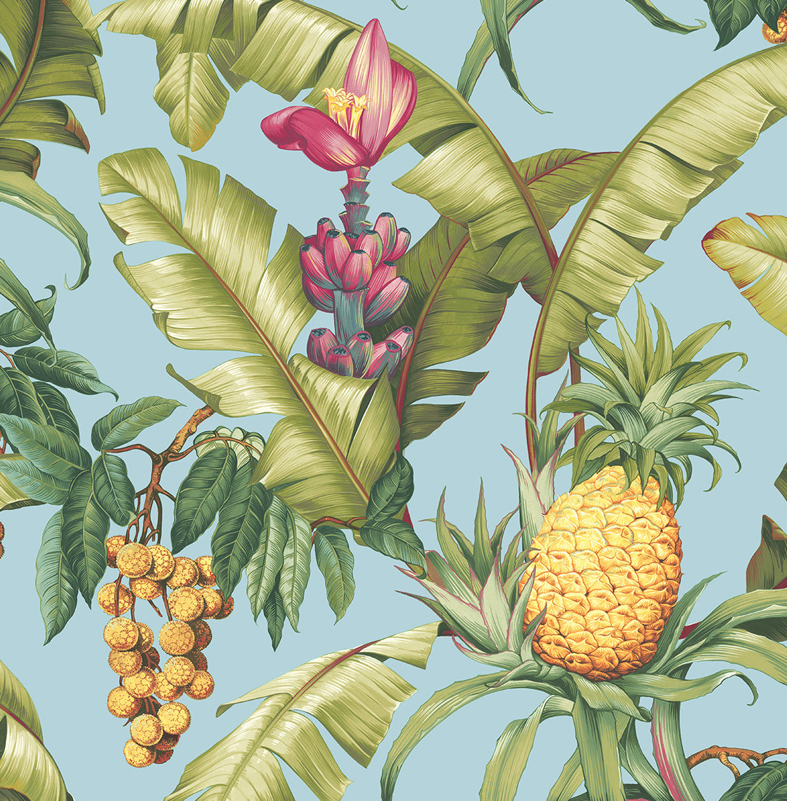 Tropical pineapple and banana leaf botanical peel and stick wallpaper in sky blue