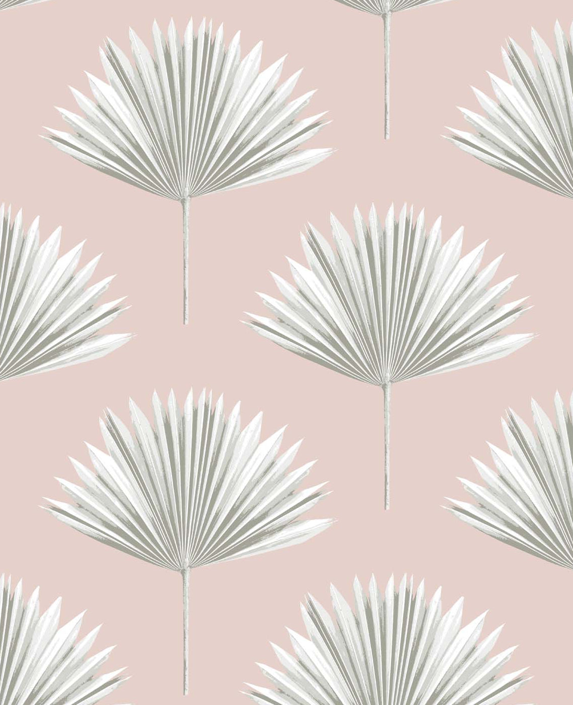 White and gray tropical fan palm leaves on a pink mist background peel and stick wallpaper pattern.