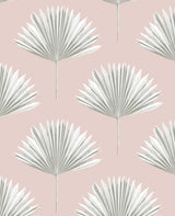 White and gray tropical fan palm leaves on a pink mist background peel and stick wallpaper pattern.