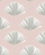 White and gray tropical fan palm leaves on a pink mist background peel and stick wallpaper pattern.
