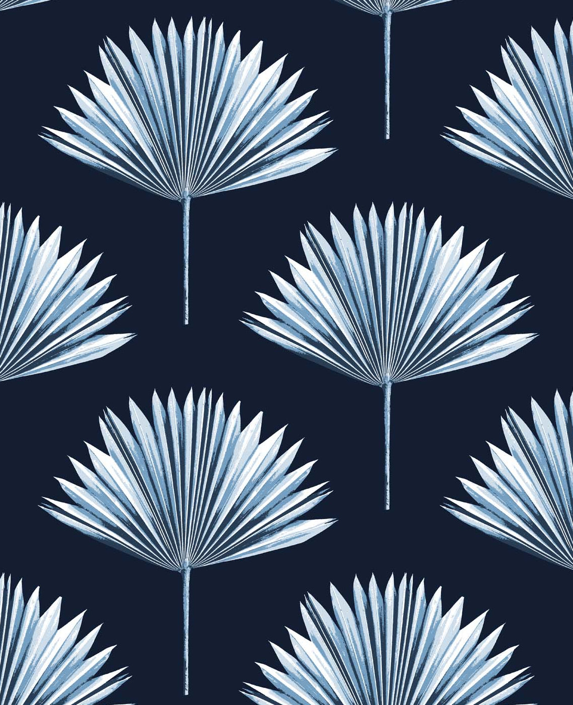 Tropical Fan Palm peel and stick wallpaper in navy blue with pale blue fan palm motifs