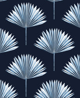 Tropical Fan Palm peel and stick wallpaper in navy blue with pale blue fan palm motifs