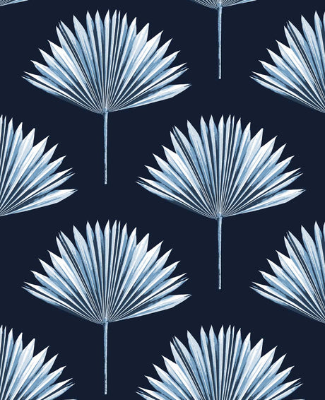 Tropical Fan Palm peel and stick wallpaper in navy blue with pale blue fan palm motifs