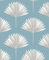 Tropical Fan Palm peel and stick wallpaper in Blue Patina with white fan palm motifs