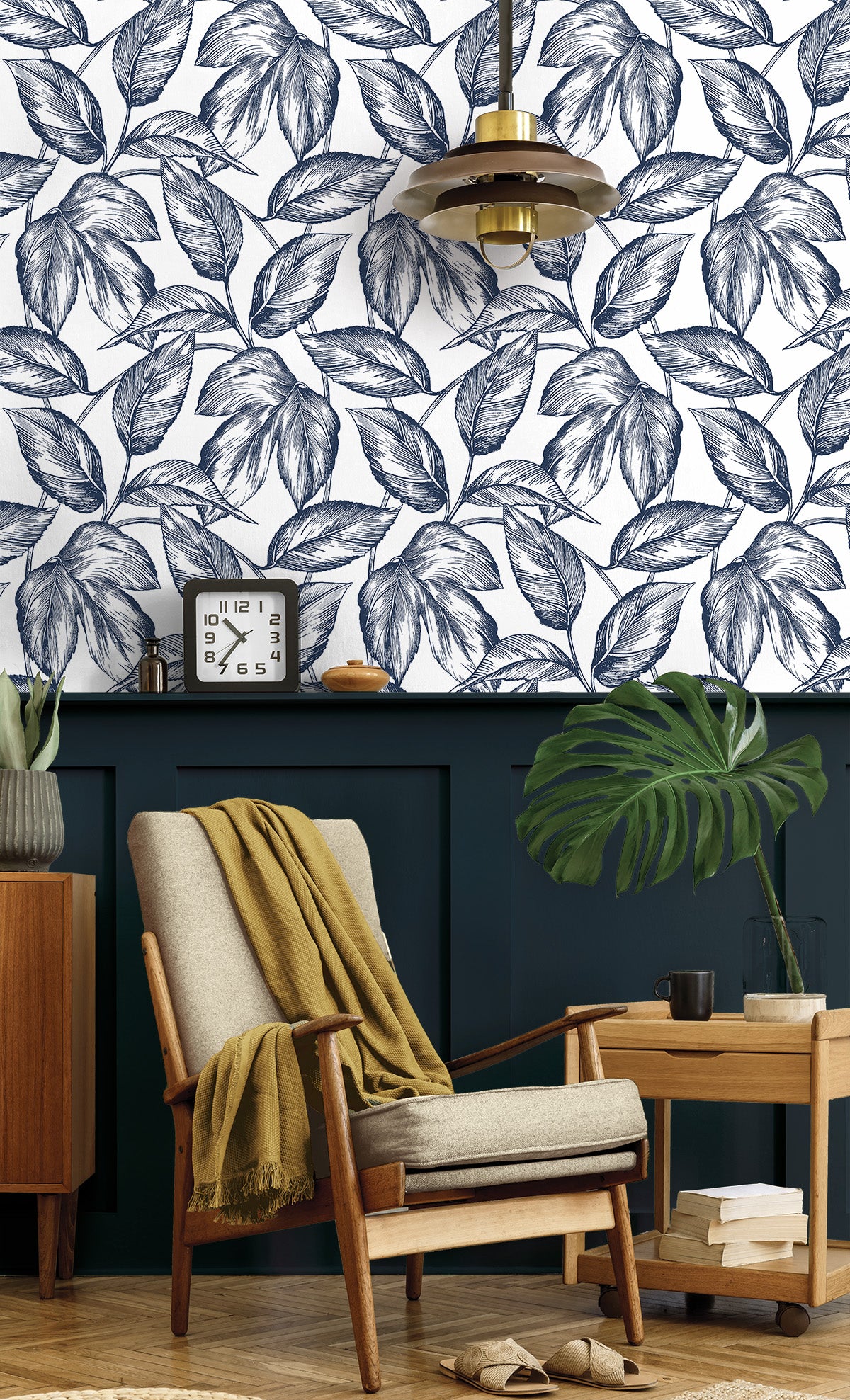 Sketched Leaves Navy Blue by NextWall Peel & Stick Peel & Stick Botanical Wallpaper – NextWall NW46902