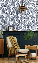 Sketched Leaves Navy Blue by NextWall Peel & Stick Peel & Stick Botanical Wallpaper – NextWall NW46902