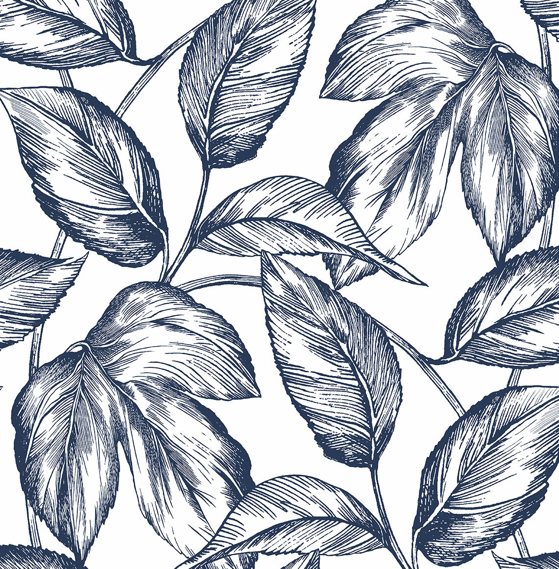 Navy blue sketched leaf botanical peel and stick wallpaper pattern