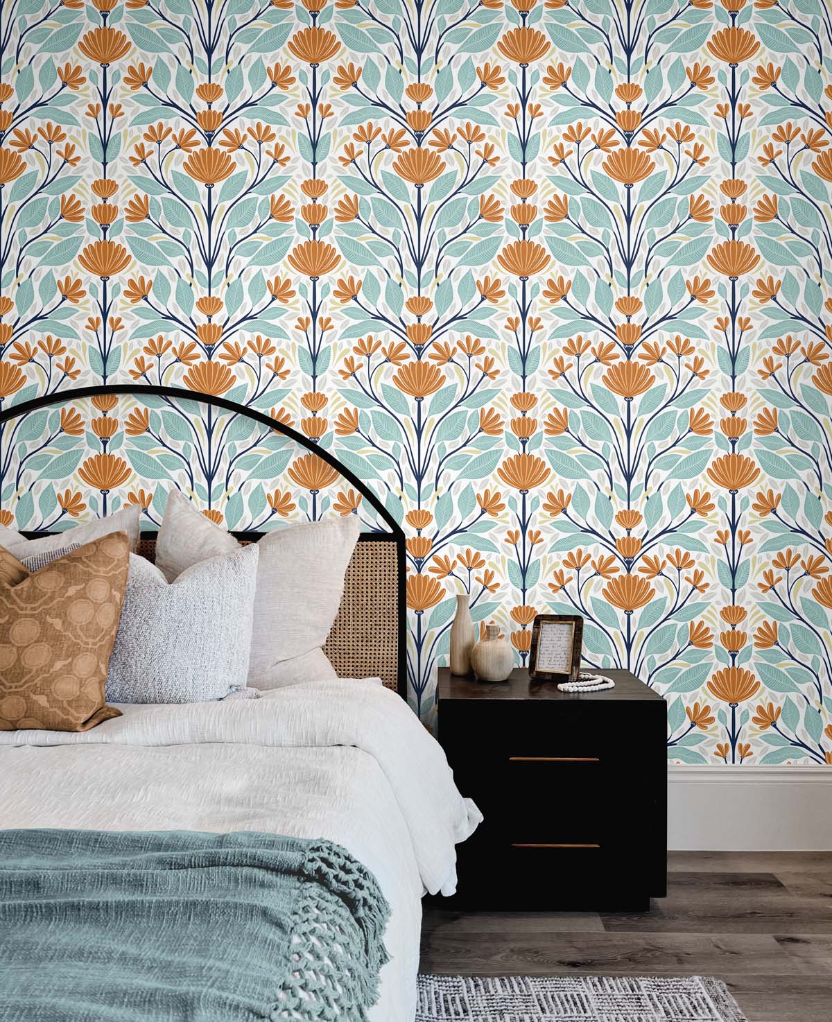Folk Floral Verdigris & Orange by NextWall Peel & Stick Floral Peel & Stick Wallpaper – NextWall NW47101