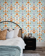 Folk Floral Verdigris & Orange by NextWall Peel & Stick Floral Peel & Stick Wallpaper – NextWall NW47101