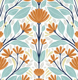 Folk Floral peel and stick wallpaper pattern in verdigris and orange