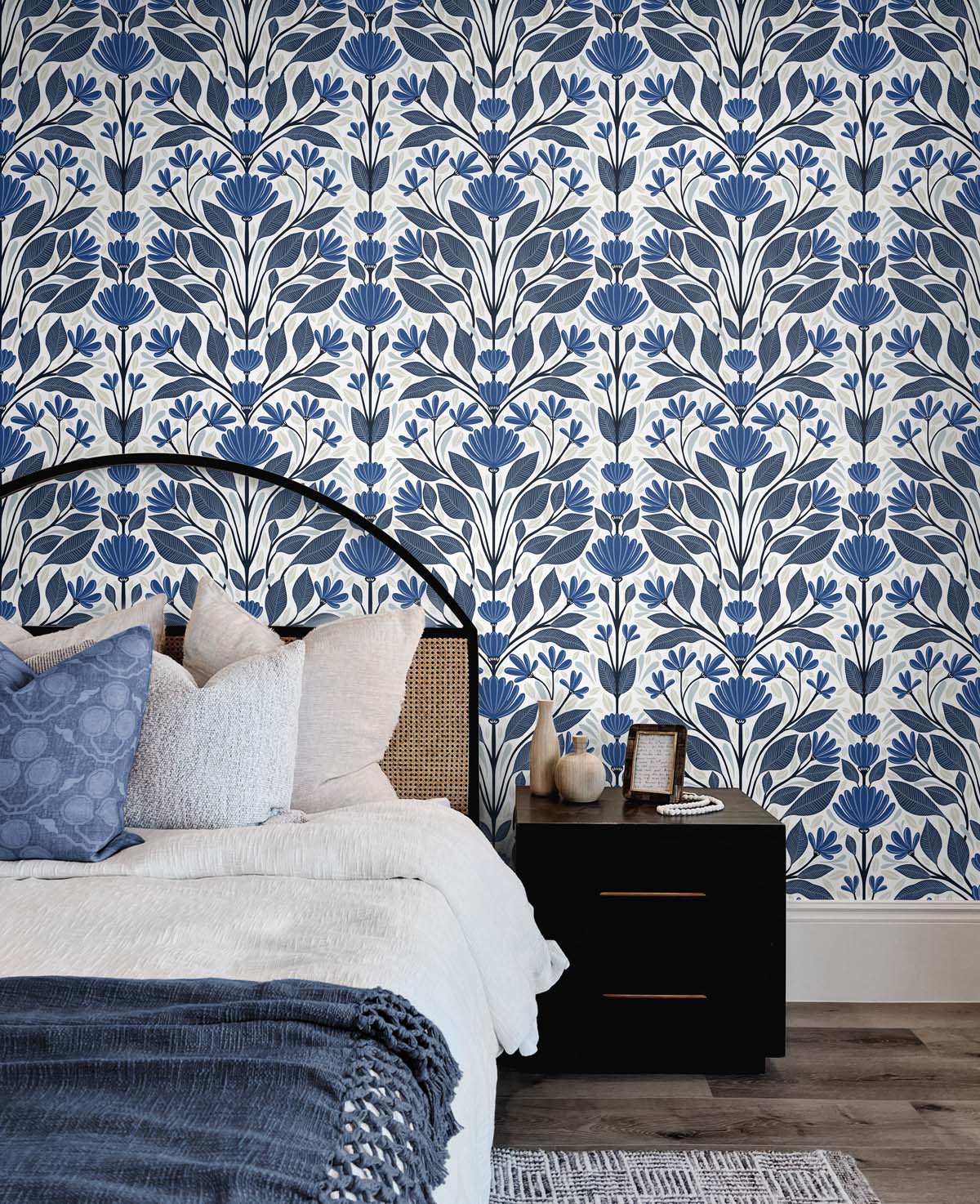 Folk Floral Blue Sapphire & Pavestone by NextWall Peel & Stick Floral Wallpaper – NextWall NW47102