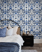 Folk Floral Blue Sapphire & Pavestone by NextWall Peel & Stick Floral Wallpaper – NextWall NW47102