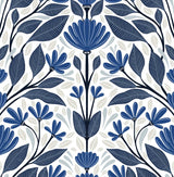Scandinavian folk floral peel and stick wallpaper pattern in blue and white with stylized flowers and leaves.