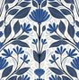 Scandinavian folk floral peel and stick wallpaper pattern in blue and white with stylized flowers and leaves.