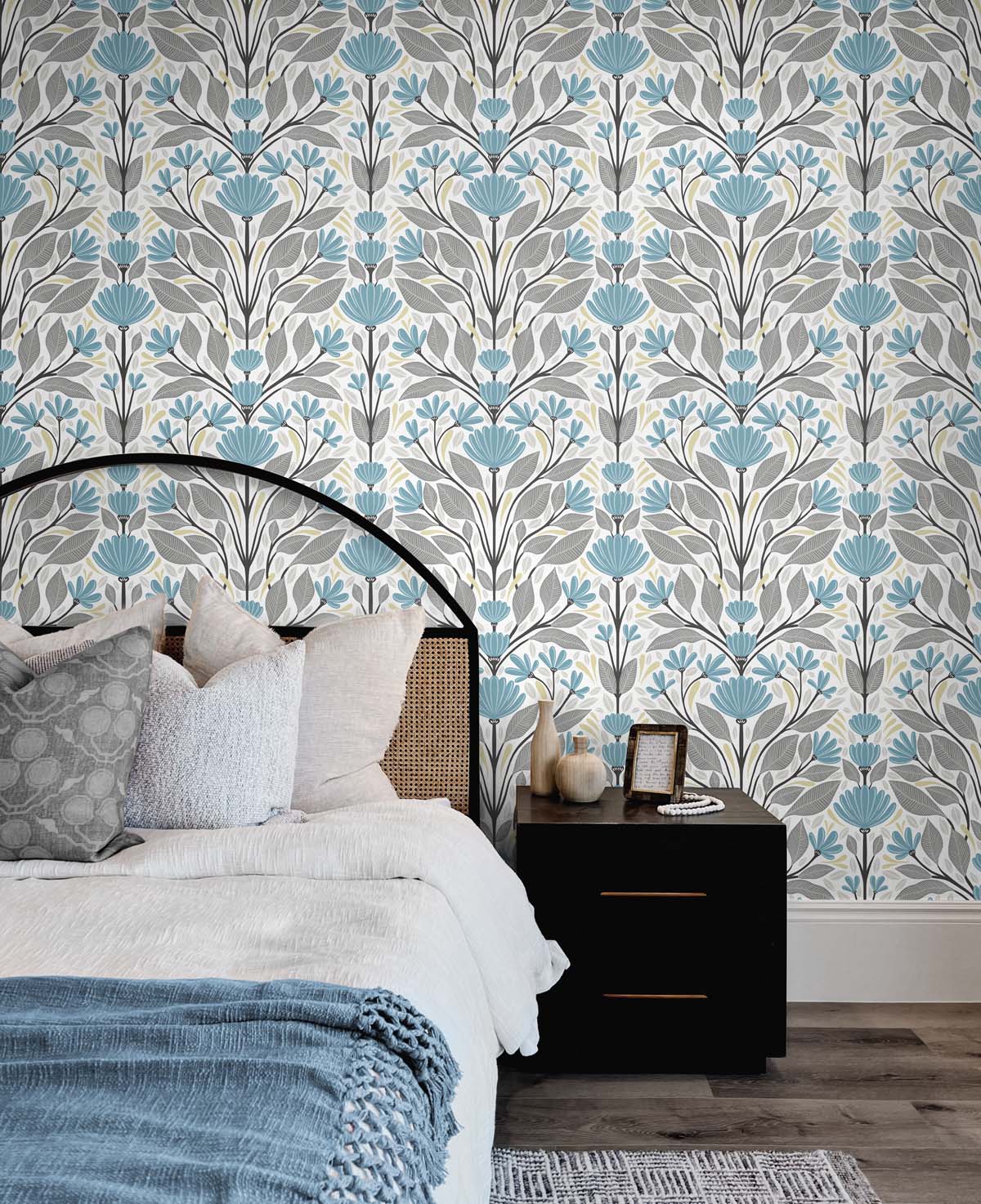 Folk Floral Blue Patina & Wheat by NextWall Peel & Stick Scandinavian Floral Peel & Stick Wallpaper – NextWall NW47104