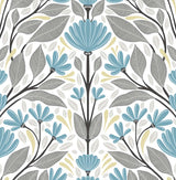 Scandinavian folk floral peel and stick wallpaper in blue patina and wheat with stylized flowers and leaves