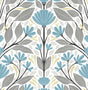 Scandinavian folk floral peel and stick wallpaper in blue patina and wheat with stylized flowers and leaves