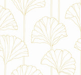 Gingko Leaf peel and stick wallpaper with metallic gold ginkgo leaf outlines on a light background
