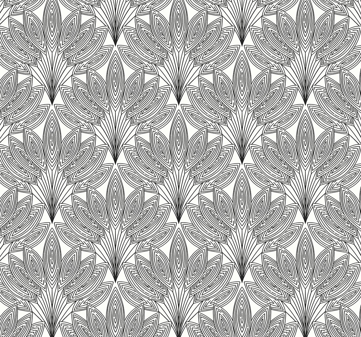 Peacock Leaves peel and stick wallpaper in Ebony with an art deco inspired botanical fan leaf pattern