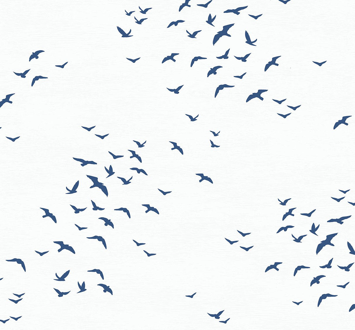 Birds in Flight peel and stick wallpaper in navy blue bird silhouettes on a white background