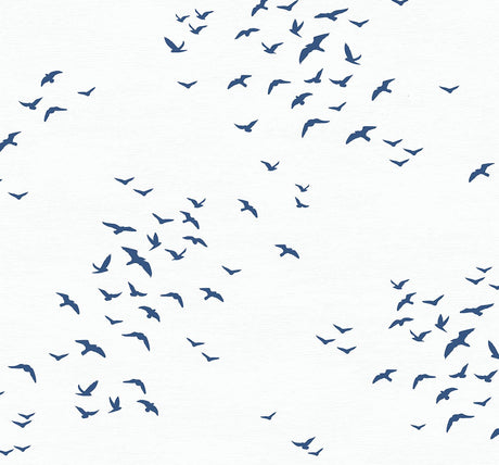Birds in Flight peel and stick wallpaper in navy blue bird silhouettes on a white background