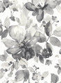 Gray watercolor floral peel and stick wallpaper with large blossoms and leaves on a white background.